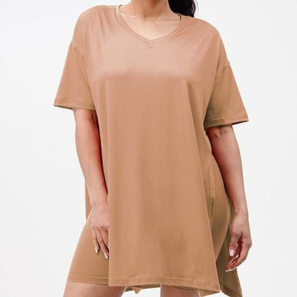 Kayla Two Piece Biker Set with Oversized Shirt-Kha - Picture 1 of 3